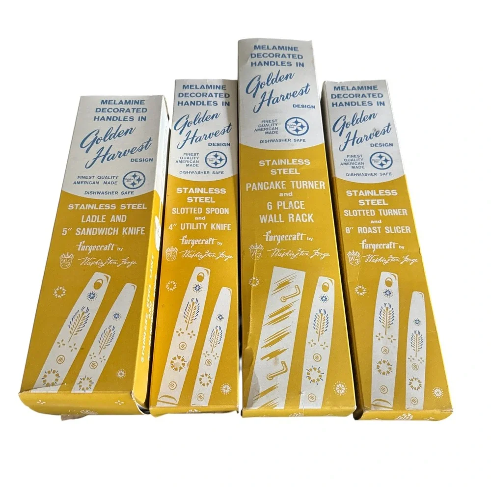 Vintage Forgecraft Golden Harvest Stainless Steel Kitchen Utensil Set with Rack